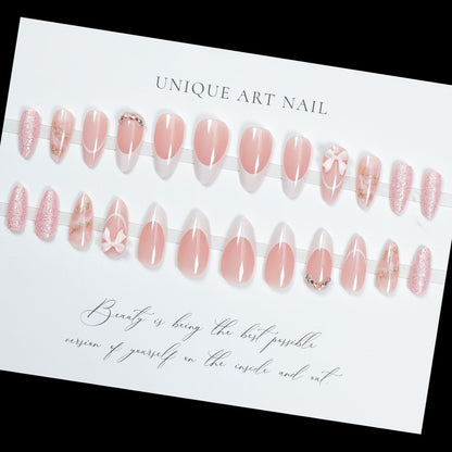 24Pcs Pink Almond False Nails Butterfly Ballet with French
