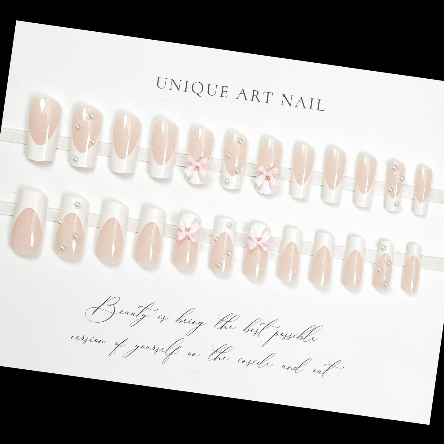 24pcs White French Style Fake Nails Gentle Pink Press on Nails 3D