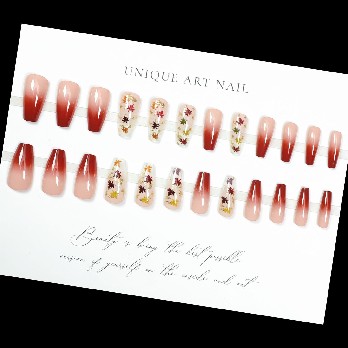 24pcs set Medium long fake nails yellow dragon flowers feath