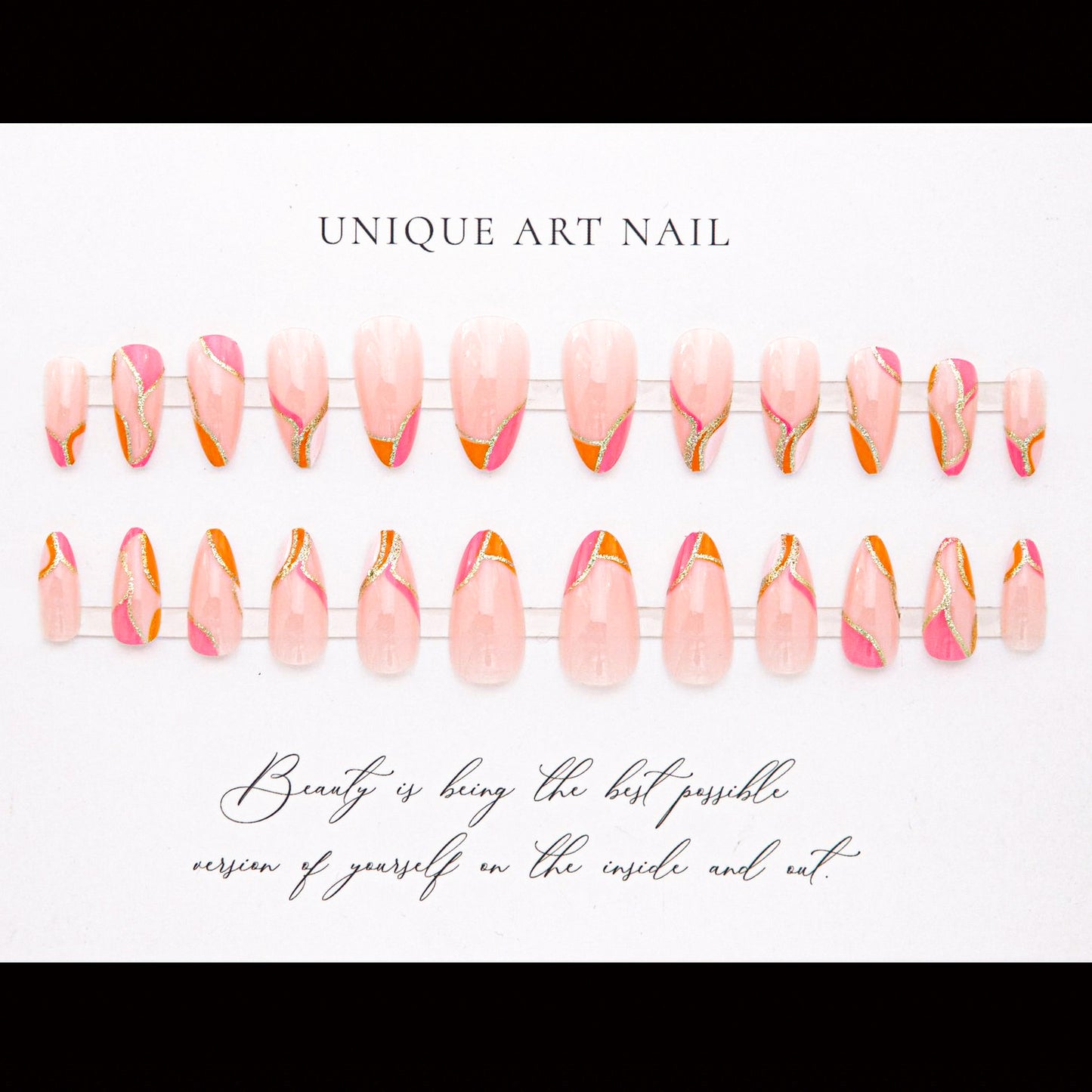 24Pcs Fashion European and American Ins Style Almond Nail Sparkle Pink Lines Orange Nail Art Press On Nails Spicy Girl Fake Nail Art