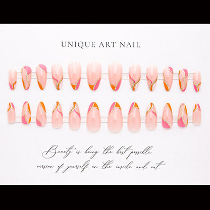 24Pcs Fashion European and American Ins Style Almond Nail Sparkle Pink Lines Orange Nail Art Press On Nails Spicy Girl Fake Nail Art