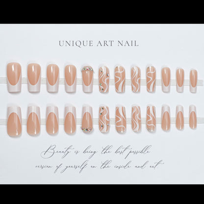 24Pcs Pink Long Square False Nails Ballet Glittring Nail wi