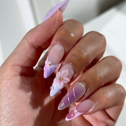 24PCS 3D Sweet Pink Flower Almond Press on False Nails with