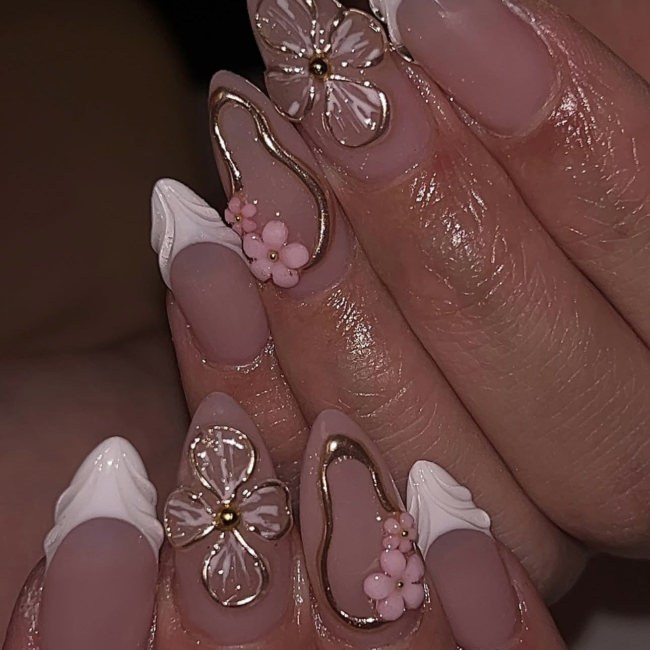 24PCS 3D Sweet Pink Flower Almond Press on False Nails with