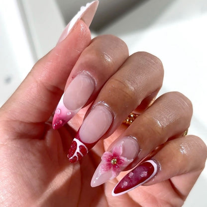 24pcs Short Almond Press on Nails 3D Flower Butterfly Fake N