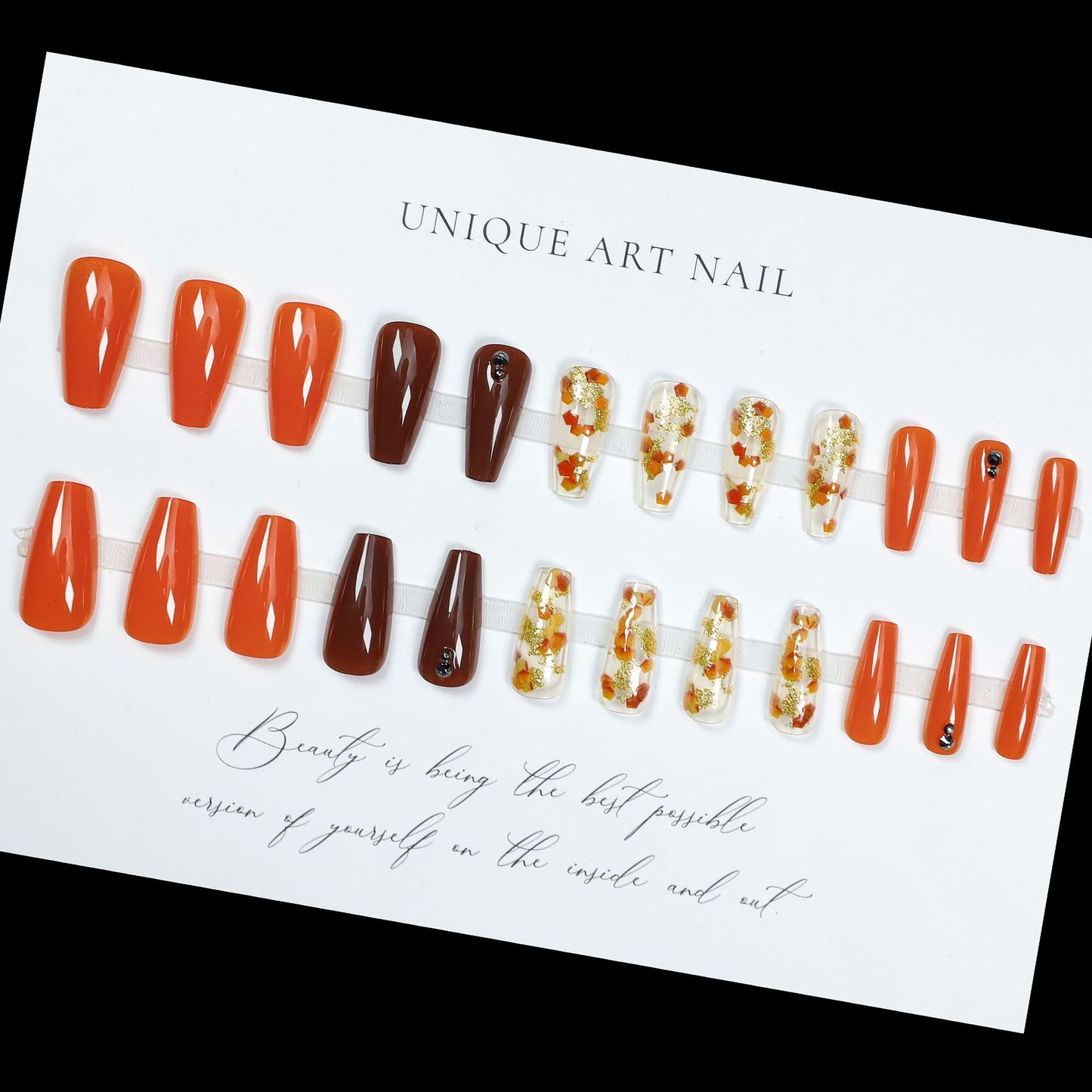 24pcs European and American Sparkling Diamond Nail Art Autumn Maple Leaf Glitter Press On Nails Nail Art Slices Maillard Style Press On Nails