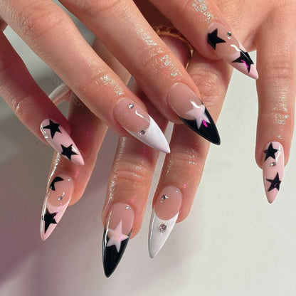 24Pcs Almond Press on Nails Y2K Star Diamond Designs for Coo