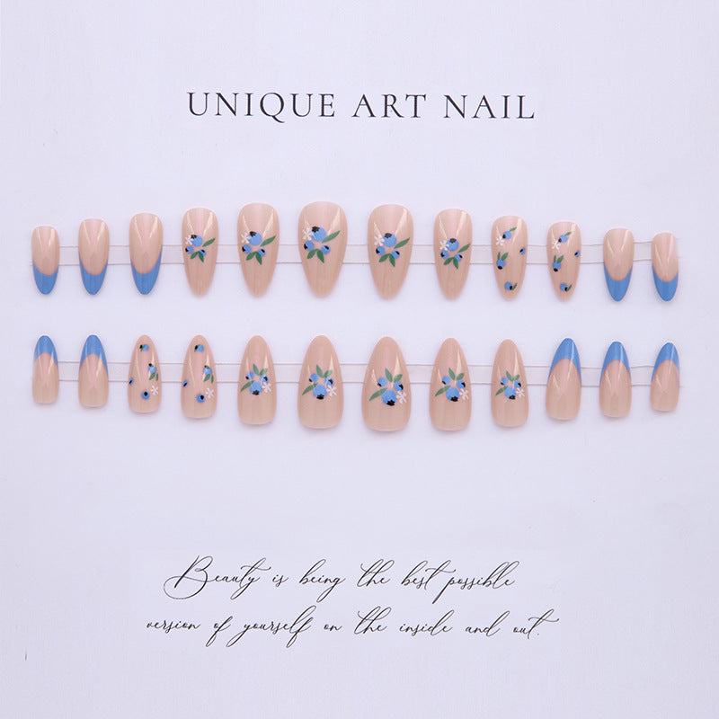 24pcs Blue Small Floral Sweetheart 2025 New Press On Nails Milk White Premium Long Nail Whitening Pure Desire Style