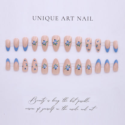 24pcs Blue Small Floral Sweetheart 2025 New Press On Nails Milk White Premium Long Nail Whitening Pure Desire Style