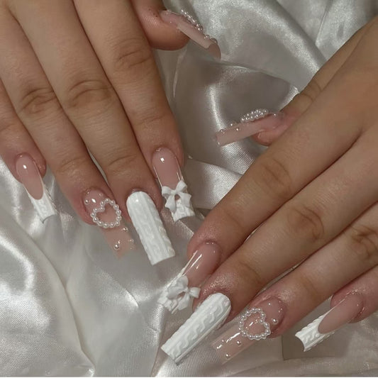 24Pcs White French Press on Nails 3D Bowknot Fake Nails Tips Full