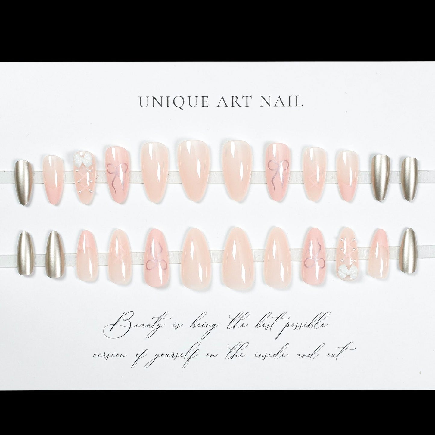 24Pcs Cute Pink Fake Nails Long Almond Press on Nails with B
