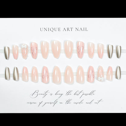 24Pcs Cute Pink Fake Nails Long Almond Press on Nails with B
