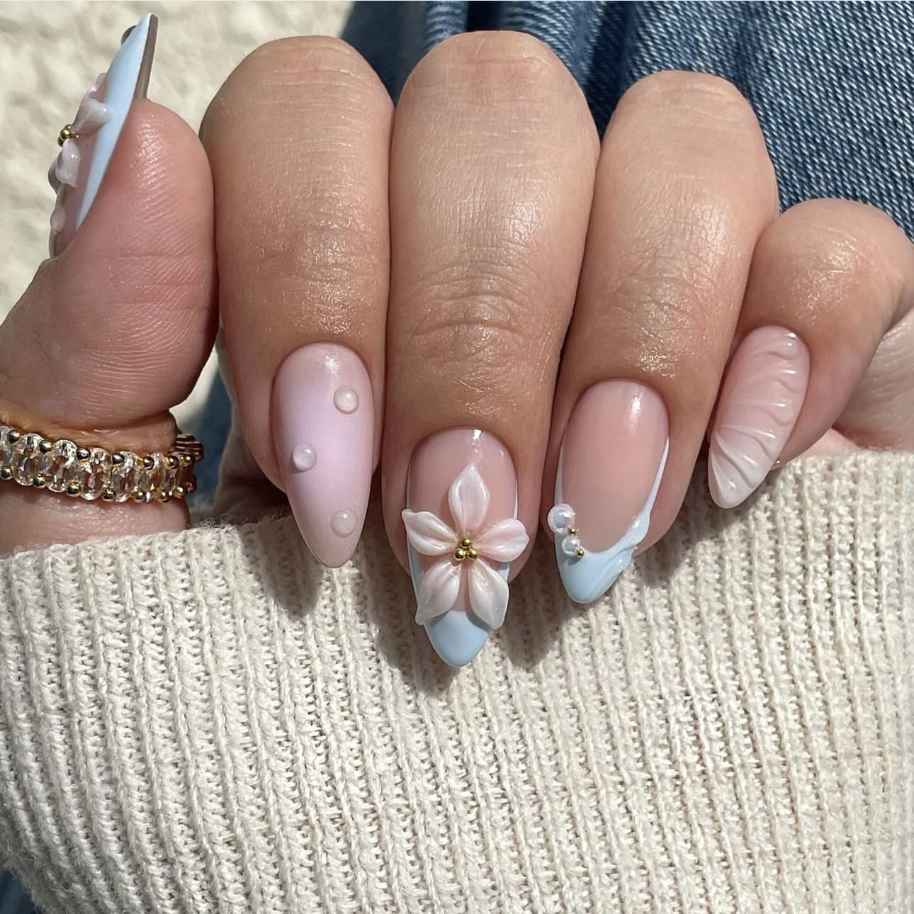 24pcs Summer Fake Nails Press on Almond Wearable 3D Butterfl