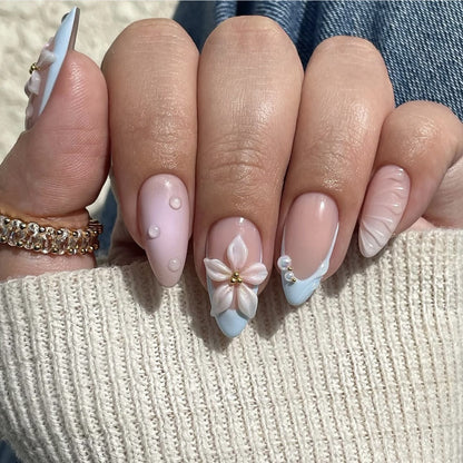24pcs Summer Fake Nails Press on Almond Wearable 3D Butterfl