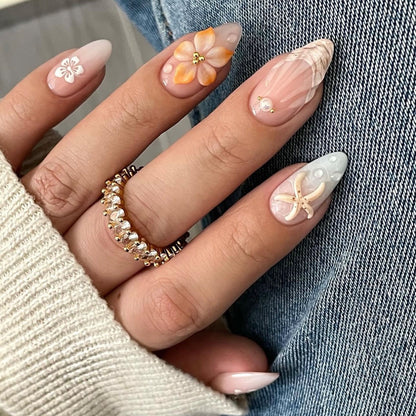 24PCS 3D Sweet Pink Flower Almond Press on False Nails with