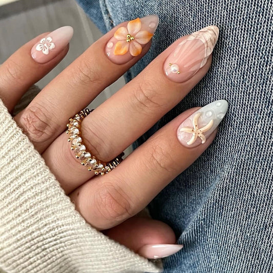 24PCS 3D Sweet Pink Flower Almond Press on False Nails with