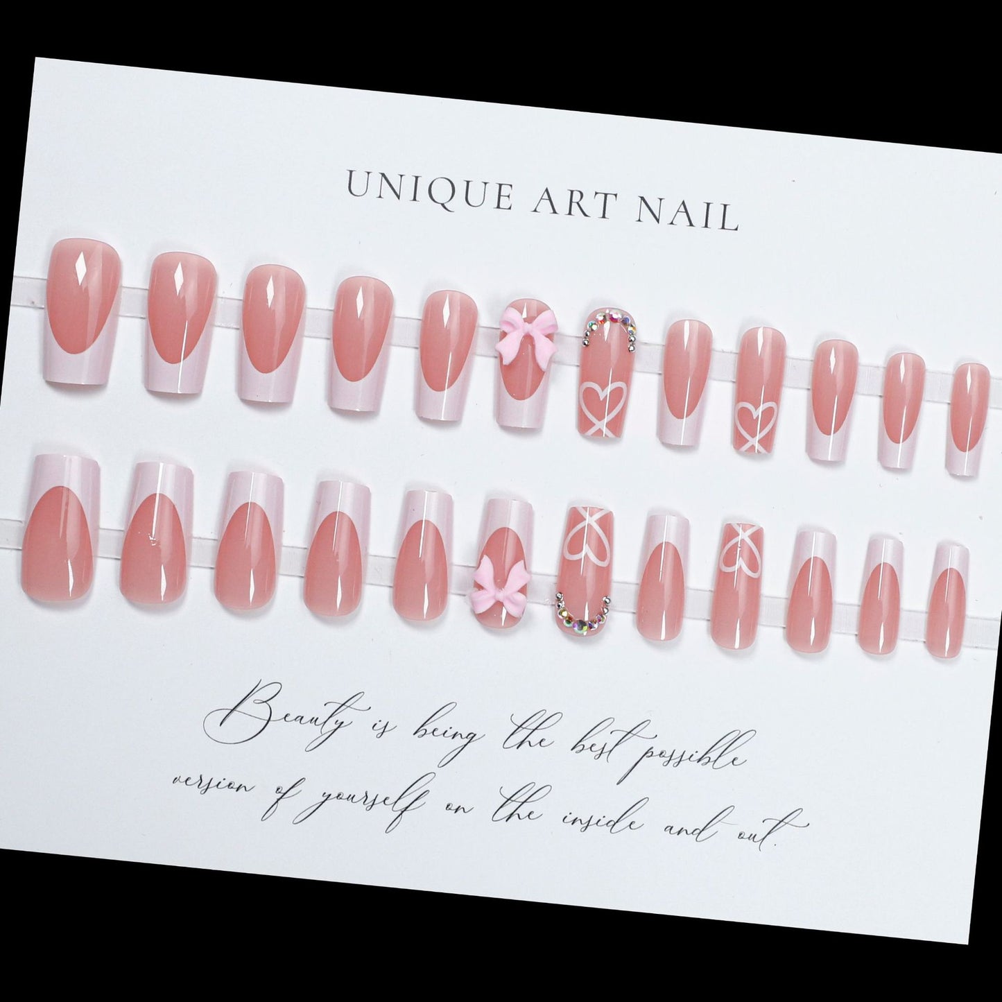 24Pcs Pink Long Square False Nails Ballet Glittring Nail wi
