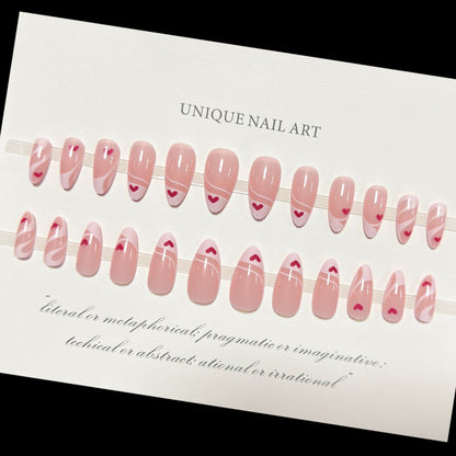 24pcs French white border finished nail pieces, red heart-shaped nail art nails