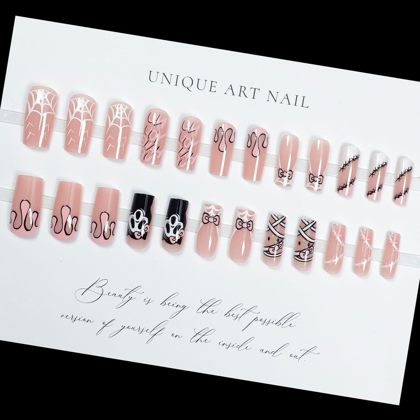 24Pcs Halloween Ballet False Nails with Ghost Spider Web Des