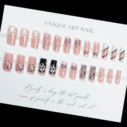 24Pcs Halloween Ballet False Nails with Ghost Spider Web Des