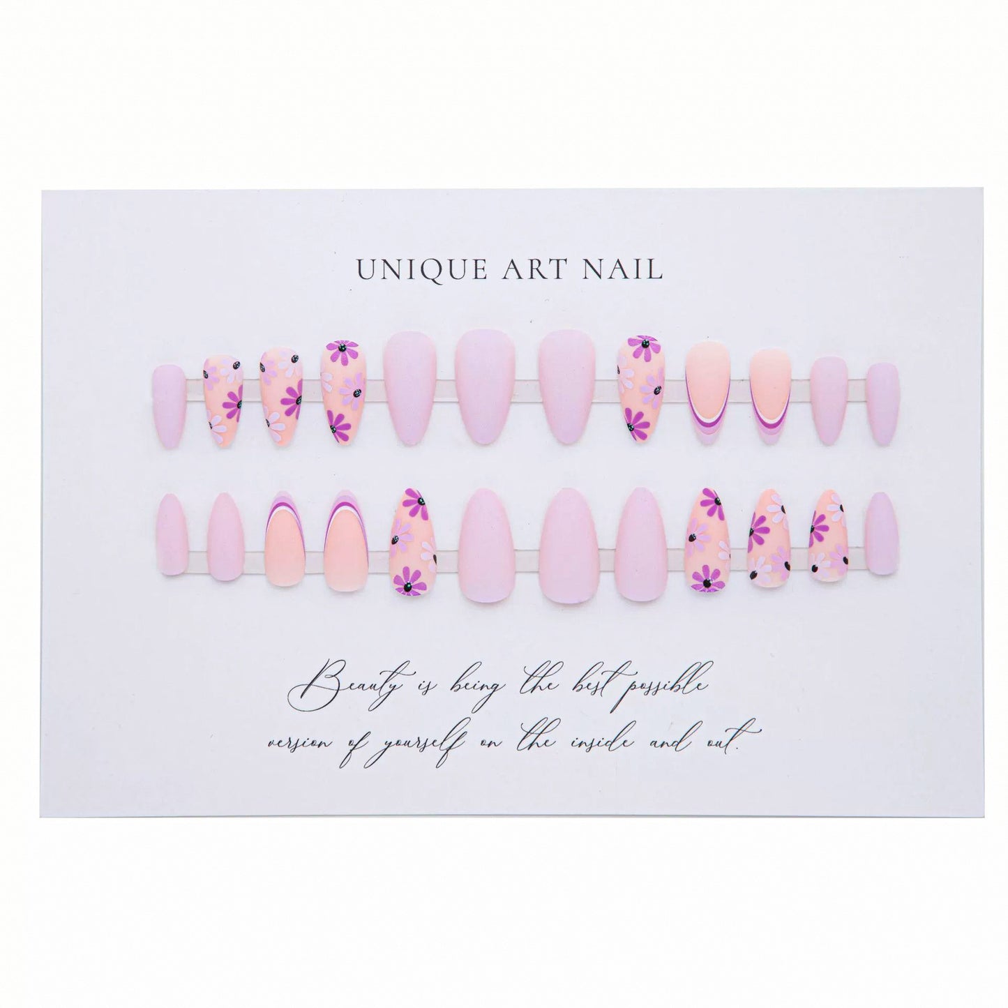 24Pcs Cute Chrysanthemum Almond Nail Press On Nails European and American Ins Style Sweet Pink Purple Simple French Matte Nail Flakes