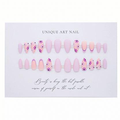 24Pcs Cute Chrysanthemum Almond Nail Press On Nails European and American Ins Style Sweet Pink Purple Simple French Matte Nail Flakes