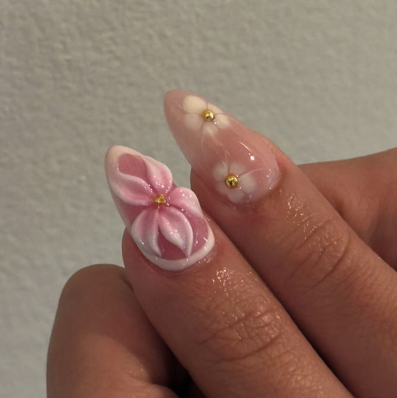 24PCS 3D Sweet Pink Flower Almond Press on False Nails with