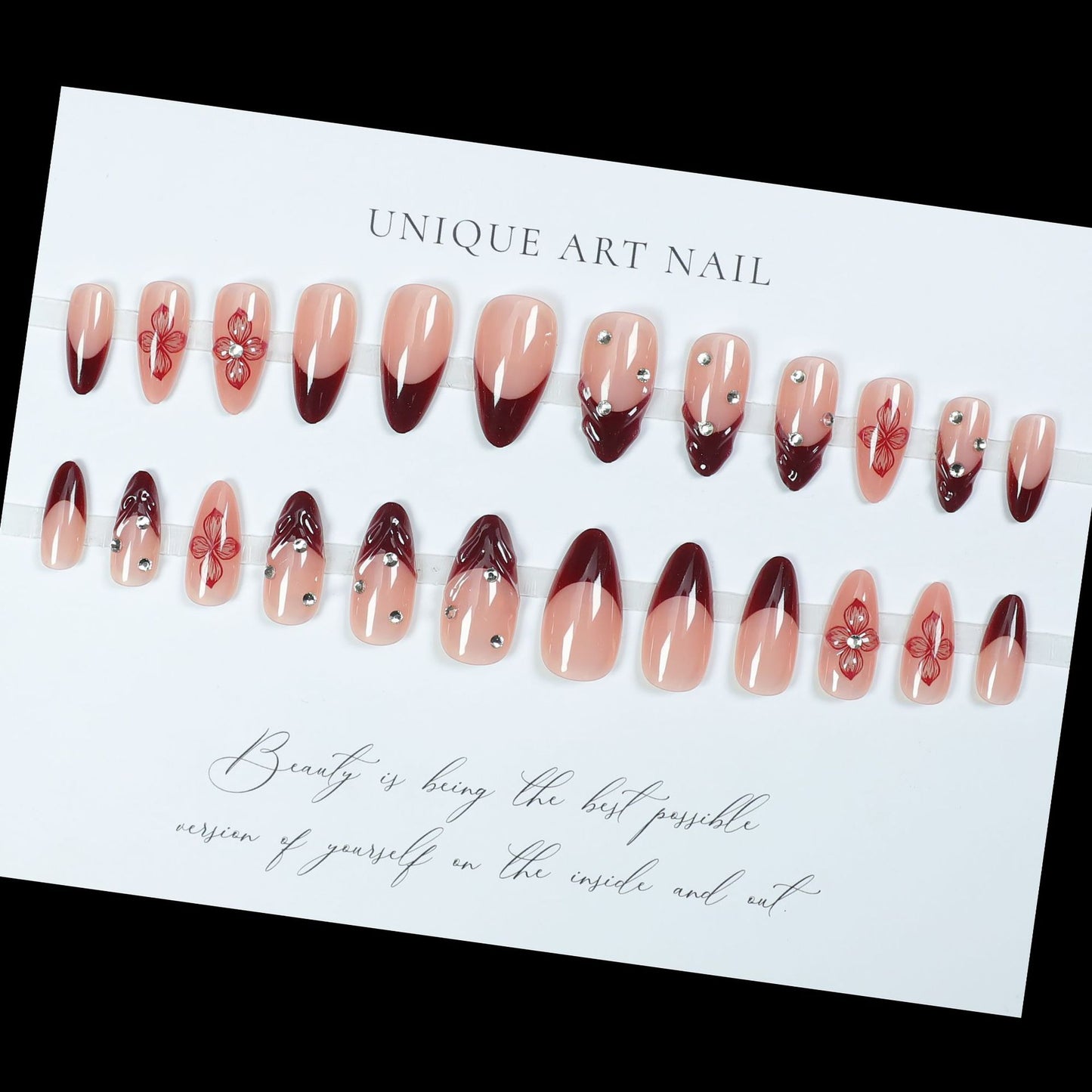 24PCS French Wine Red Press On Nails Simple Petal Flowers Hot Selling Nail Slices in Europe and America Press on Nails
