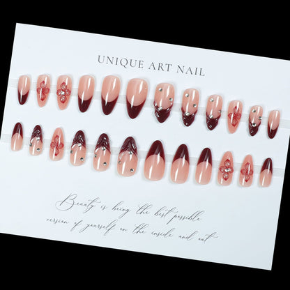 24PCS French Wine Red Press On Nails Simple Petal Flowers Hot Selling Nail Slices in Europe and America Press on Nails