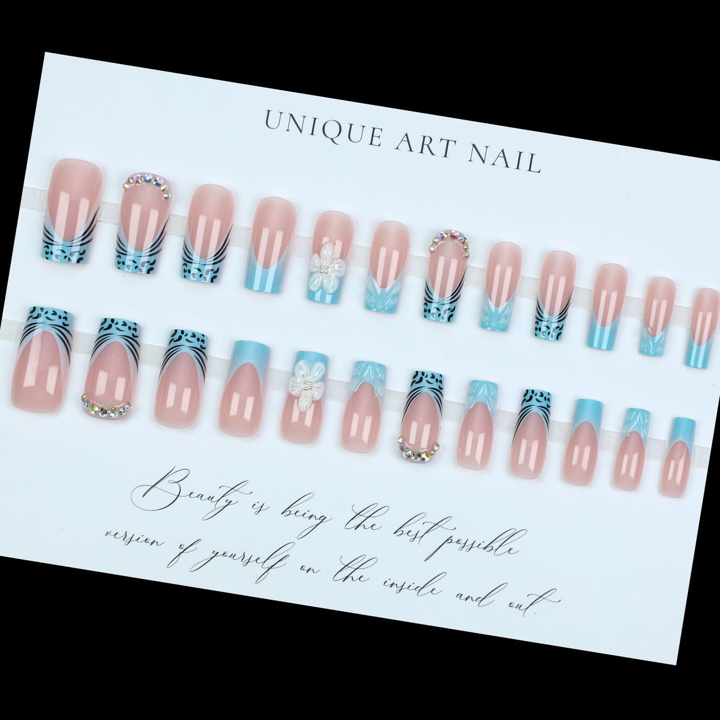 24PCS Blues Leopard Print Press On Nails Blue French European and American Foreign Trade Style High End, niche nail art