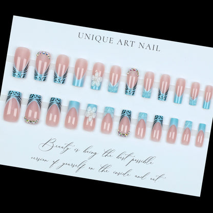 24PCS Blues Leopard Print Press On Nails Blue French European and American Foreign Trade Style High End, niche nail art