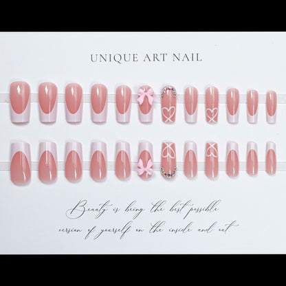 24Pcs Pink Long Square False Nails Ballet Glittring Nail wi