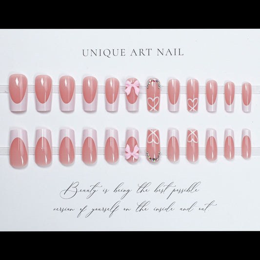 24Pcs Pink Long Square False Nails Ballet Glittring Nail wi