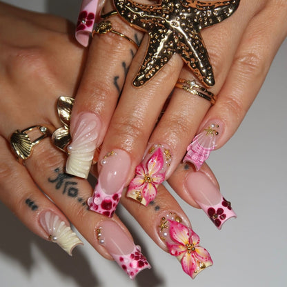 24pcs French Press on Nails Art Simple Pink Flower Star Desi