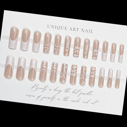 24Pcs Elegant Flower French Press On Nails Detachable French New Nail Whitening Finished Product Advanced Nail Patch