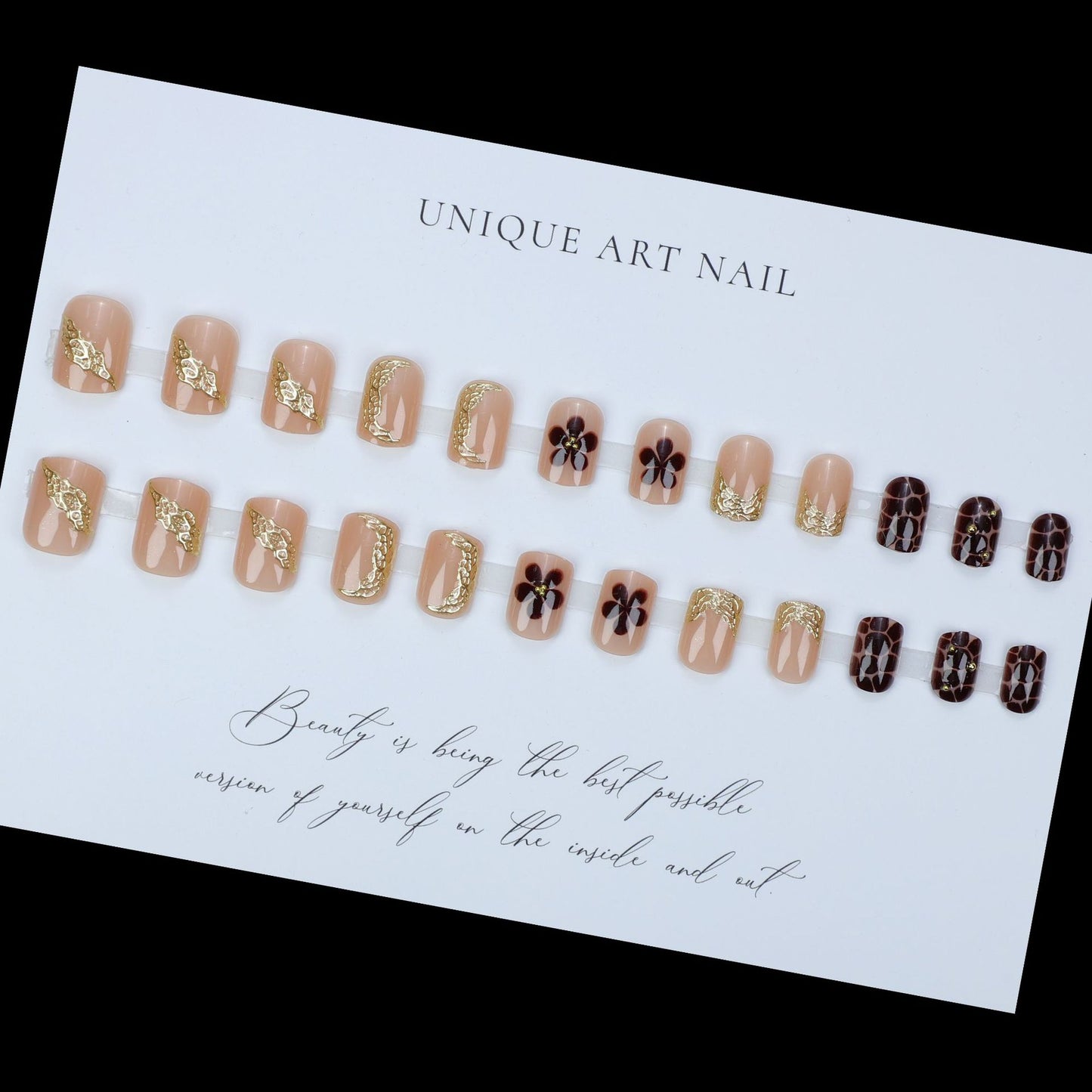 24Pcs brown petal flower hot selling Press On Nails nail plate short square nail 3D nail art fake nail art