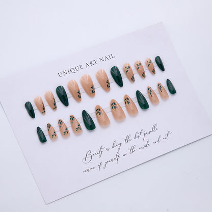 24Pcs small fresh bright color frosted double panel nail art cool and simple green leaf Press On Nails dark green temperament sweet and cool ins style