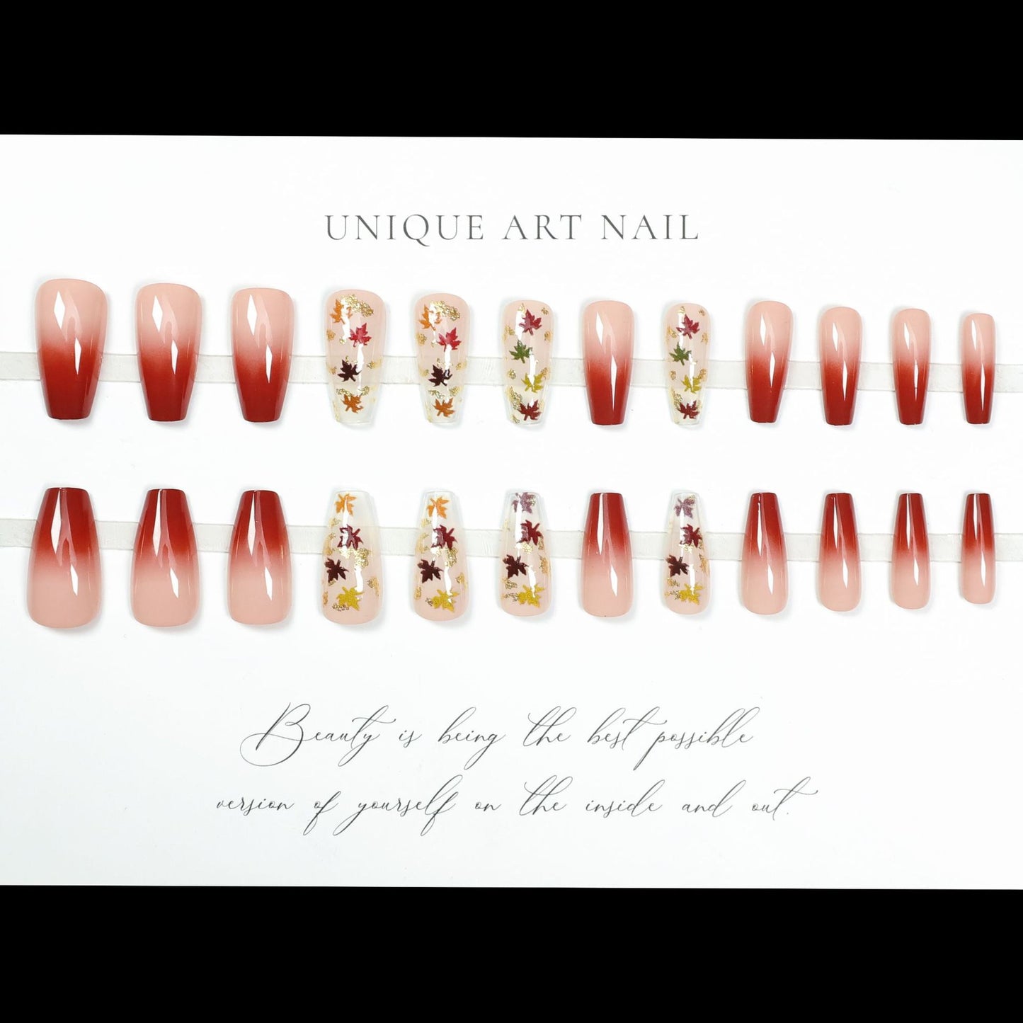 24pcs set Medium long fake nails yellow dragon flowers feath