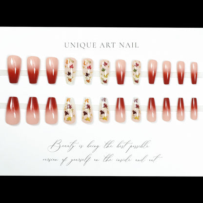 24pcs set Medium long fake nails yellow dragon flowers feath