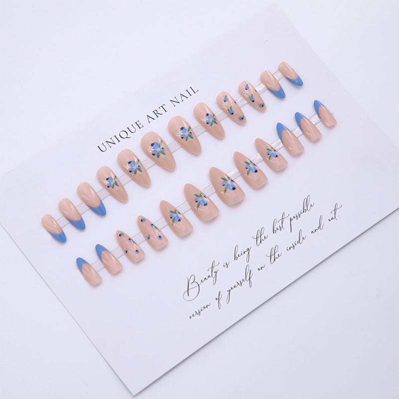 24pcs Blue Small Floral Sweetheart 2025 New Press On Nails Milk White Premium Long Nail Whitening Pure Desire Style