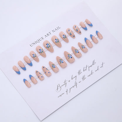 24pcs Blue Small Floral Sweetheart 2025 New Press On Nails Milk White Premium Long Nail Whitening Pure Desire Style