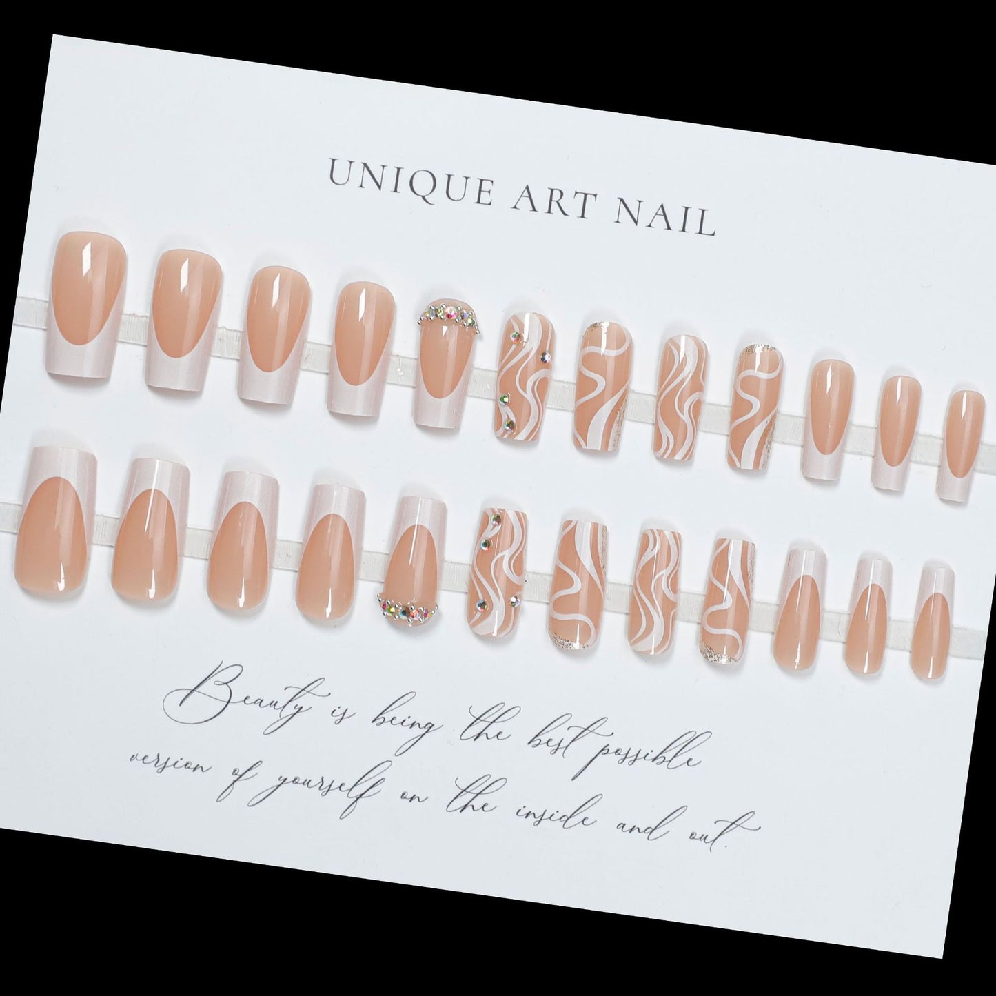 24Pcs Pink Long Square False Nails Ballet Glittring Nail wi