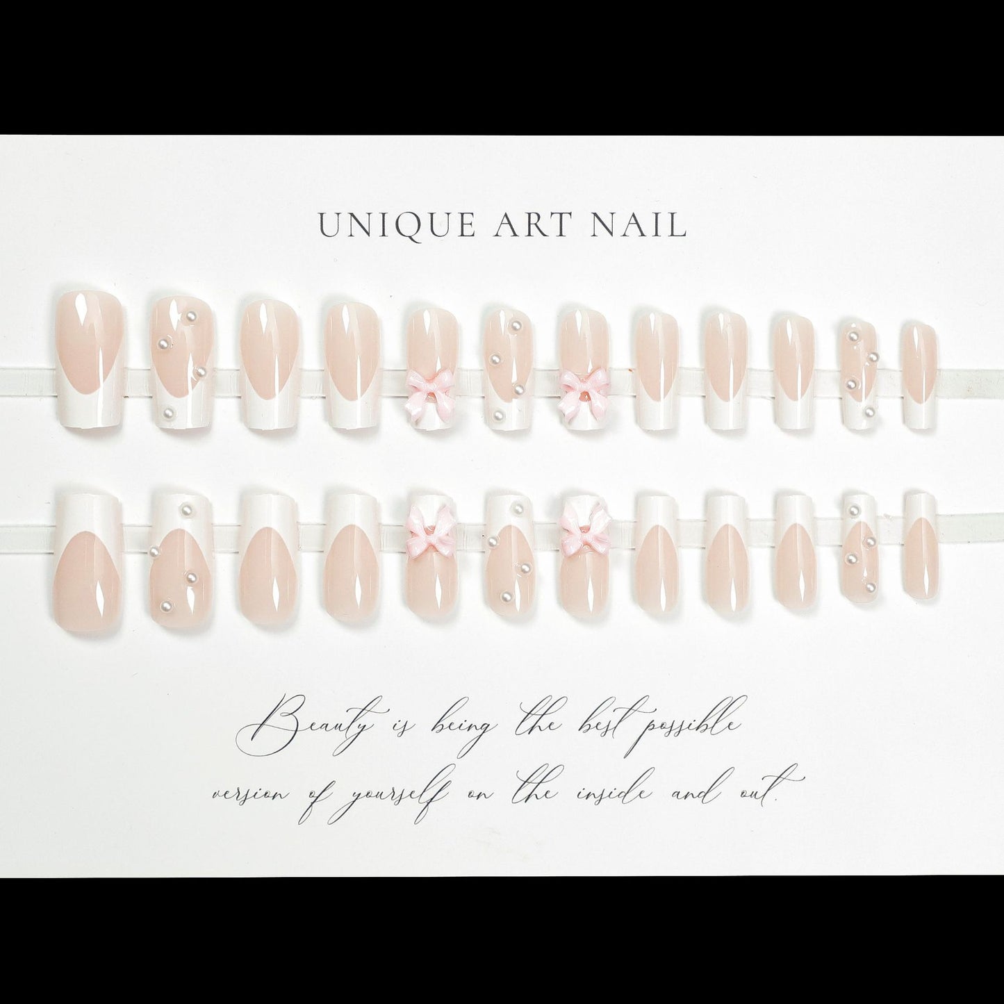 24pcs White French Style Fake Nails Gentle Pink Press on Nails 3D