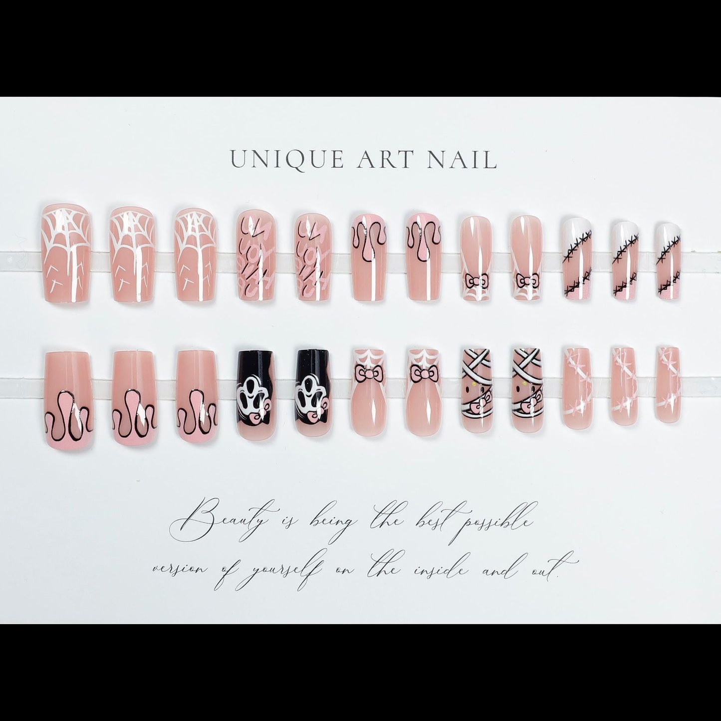 24Pcs Halloween Ballet False Nails with Ghost Spider Web Des