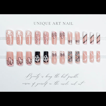 24Pcs Halloween Ballet False Nails with Ghost Spider Web Des