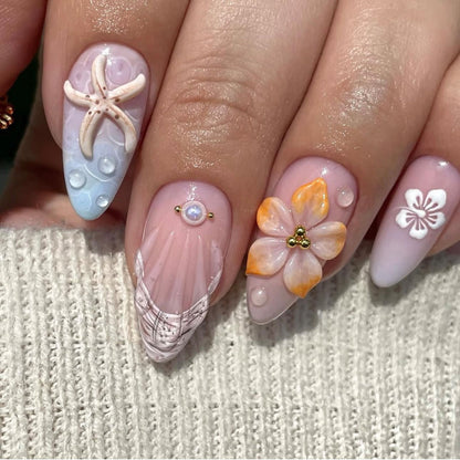 24PCS 3D Sweet Pink Flower Almond Press on False Nails with