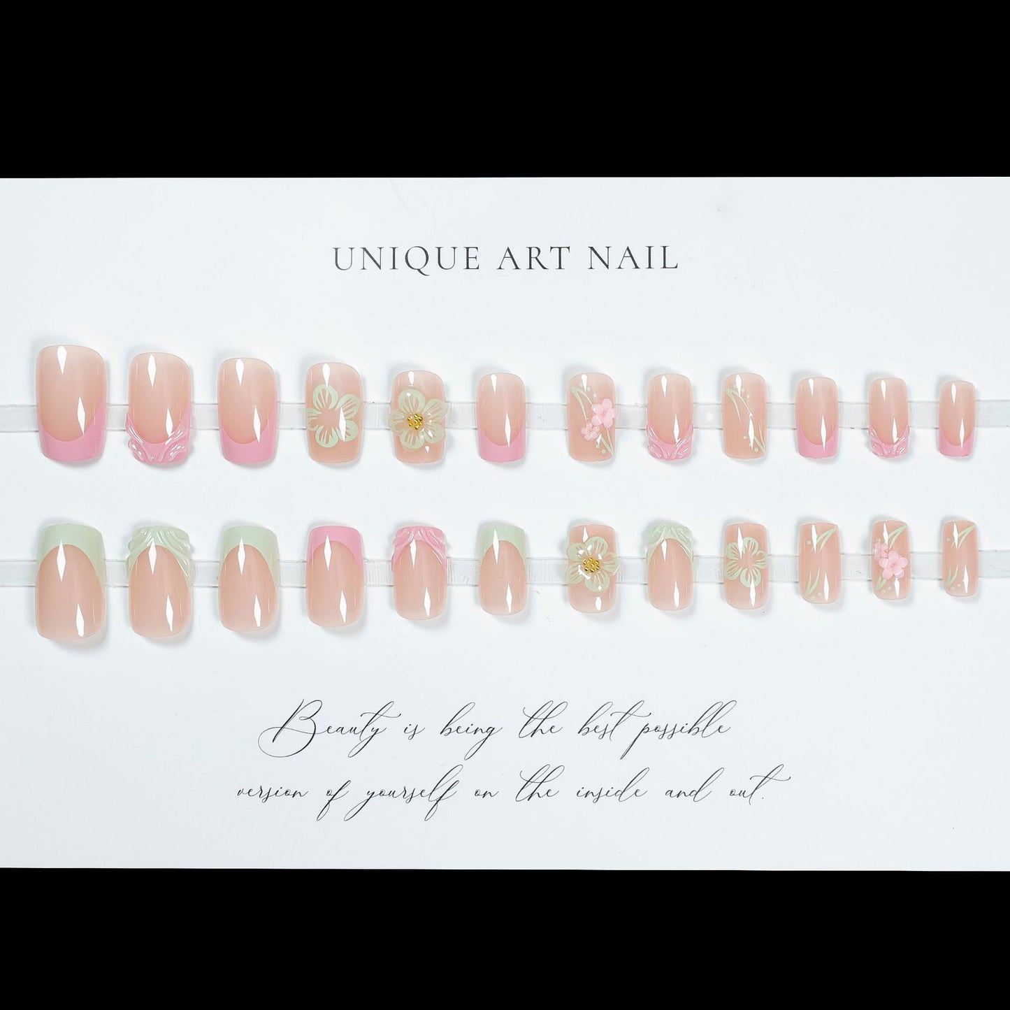 24Pcs French 3D powder blusher gradual enhancement short square wearable nail piece finished flower Press On Nails nail piece