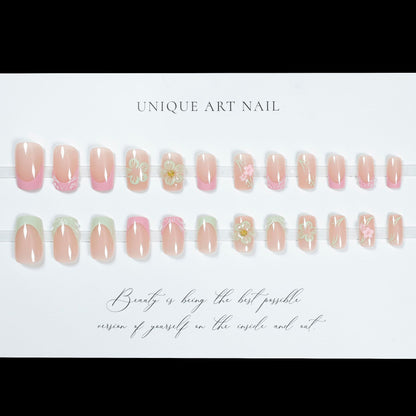 24Pcs French 3D powder blusher gradual enhancement short square wearable nail piece finished flower Press On Nails nail piece