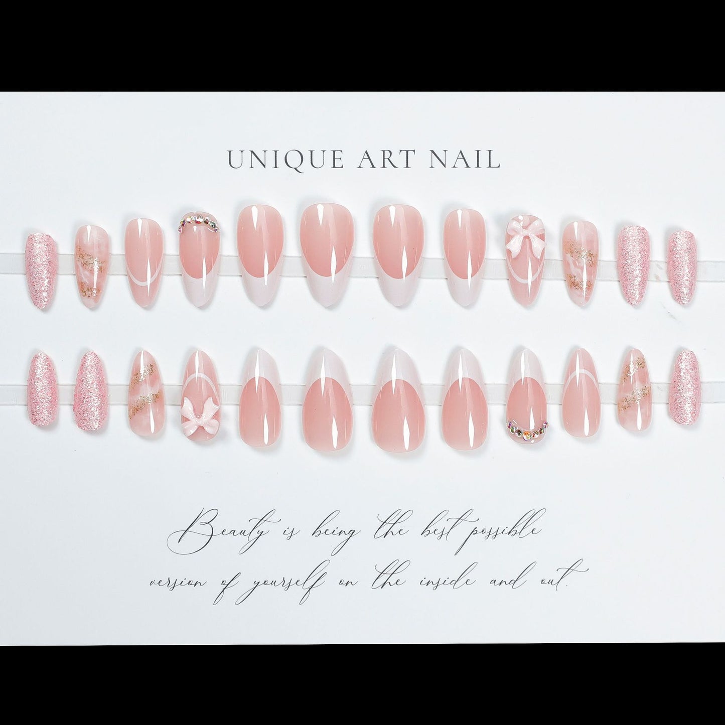 24Pcs Pink Almond False Nails Butterfly Ballet with French