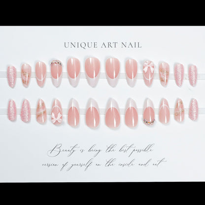24Pcs Pink Almond False Nails Butterfly Ballet with French